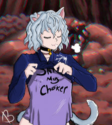 Rule 34 | 1girl, animal ears, arthropod girl, bell, biskart, breasts, cat ears, cat girl, cat tail, closed eyes, cum, highres, hunter x hunter, meme, neck bell, neferpitou, self-upload, snap my choker (phrase), solo, tail, tongue, tongue out