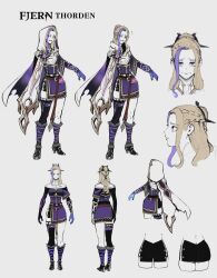 Rule 34 | 1girl, ass, black thighhighs, braid, brown hair, character name, character sheet, closed mouth, concept art, fjern thorden (nyantcha), french braid, genshin impact, grey background, hair bun, highres, hood, hood up, looking at viewer, multicolored hair, multiple views, nyantcha, original, purple eyes, purple hair, sash, simple background, single hair bun, single thighhigh, smile, streaked hair, thighhighs