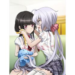 Rule 34 | 2girls, artist request, black hair, blush, bra, breasts, closed mouth, drying, large breasts, long hair, looking at another, multiple girls, official art, purple eyes, red bra, red eyes, school uniform, see-through, senki zesshou symphogear, silver hair, small breasts, smile, tsukuyomi shirabe, twintails, underwear, yukine chris, yuri