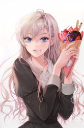 Rule 34 | 1girl, :q, asymmetrical hair, black dress, blue eyes, braid, cherry, closed mouth, collarbone, collared dress, cream, cream on face, crepe, dress, earrings, eyebrows hidden by hair, eyelashes, food, food on face, food wrapper, fruit, grey hair, highres, hisakawa hayate, holding, holding food, idolmaster, idolmaster cinderella girls, idolmaster cinderella girls starlight stage, jewelry, juliet sleeves, long hair, long sleeves, looking at viewer, open collar, partially unbuttoned, puffy sleeves, sidelocks, simple background, sleeve cuffs, smile, solo, strawberry, tanna, tongue, tongue out, upper body, wavy hair, white background, wing collar
