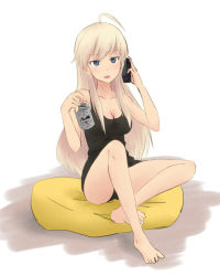 Rule 34 | 1girl, ahoge, alcohol, bad id, bad pixiv id, barefoot, beer, beer can, blonde hair, breasts, can, cleavage, drink can, hanna-justina marseille, long hair, sitting, solo, strike witches, witches of africa, world witches series