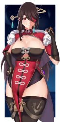 Rule 34 | 1girl, absurdres, arcedo, beidou (genshin impact), border, breasts, brown hair, capelet, cleavage, clenched hand, earrings, eyepatch, genshin impact, grin, hair ornament, hair over one eye, hair stick, hairpin, hand on own hip, highres, jewelry, large breasts, long hair, looking at viewer, one eye covered, pelvic curtain, red capelet, colored eyepatch, smile, standing, thick thighs, thighhighs, thighs, white border