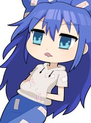 Rule 34 | 1girl, blue bow, blue eyes, blue hair, blue skirt, bow, commentary request, cookie (touhou), cowboy shot, debt, flat chest, grey hoodie, hair between eyes, hair bow, hands in pocket, hood, hood down, hoodie, hospital king, long bangs, long hair, open mouth, short sleeves, simple background, skirt, touhou, white background, yorigami shion, zerukalo (cookie)