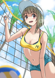 Rule 34 | 1girl, artist name, artist request, asymmetrical hair, ball, beach volleyball, bikini, black bikini, blue sky, blurry, bob cut, breasts, brown hair, cloud, commentary request, day, denim, denim shorts, depth of field, female focus, from below, grey hair, hat, highres, light brown hair, looking at viewer, love live!, love live! nijigasaki high school idol club, medium breasts, nakasu kasumi, navel, outdoors, palm tree, playing sports, red eyes, short hair, shorts, sky, solo, swimsuit, swimsuit under clothes, tenpa (tenpa2190), tree, visor cap, volleyball, volleyball (object), volleyball net, white hat