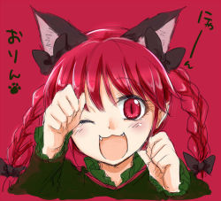 Rule 34 | 1girl, animal ears, bow, braid, cat ears, fangs, hair bow, kaenbyou rin, monrooru, one eye closed, paw pose, red background, red eyes, red hair, simple background, sketch, solo, touhou, twin braids