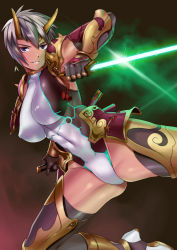 Rule 34 | 1girl, abs, armor, armpit peek, black gloves, black hair, breasts, covered erect nipples, covered navel, earrings, elbow gloves, energy blade, fighting stance, forehead protector, gloves, highres, holding, holding weapon, horns, impossible clothes, impossible leotard, japanese armor, jewelry, kusazuri, large breasts, leotard, looking at viewer, miga (migao), ninja, oni horns, original, parted lips, purple eyes, ready to draw, sheath, short hair, shoulder armor, skin tight, solo, tan, tassel, thighhighs, thighs, toned, weapon