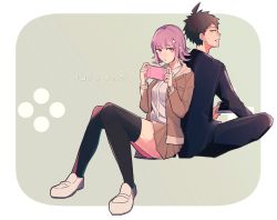 Rule 34 | 1boy, 1girl, back-to-back, black jacket, black thighhighs, blush, breasts, brown hair, brown skirt, commentary request, danganronpa (series), danganronpa 3 (anime), flipped hair, full body, green eyes, hair ornament, hairclip, handheld game console, highres, hinata hajime, holding, hope&#039;s peak academy school uniform, jacket, long sleeves, looking at viewer, miniskirt, nanami chiaki, open clothes, open jacket, pants, pink eyes, pink hair, playing games, pleated skirt, school uniform, shirt, shoes, short hair, sitting, skirt, spiked hair, suna tea, thighhighs, white shirt, zettai ryouiki