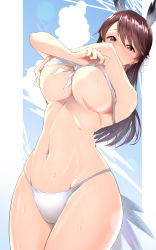 Rule 34 | 1girl, bikini, bird tail, blush, brave witches, breasts, brown eyes, brown hair, cameltoe, hair ornament, hair ribbon, head wings, highres, karibuchi takami, large breasts, long hair, looking at viewer, navel, ribbon, scar, shiny skin, sky, solo, sweat, swimsuit, tail, underboob, undressing, varie7k, white bikini, wing ears, wings, world witches series