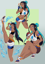 Rule 34 | 1girl, absurdres, armlet, ass, belly chain, black hair, blowing kiss, blue eyes, blue eyeshadow, blue gloves, blue hair, breasts, commentary, creatures (company), crop top, dark-skinned female, dark skin, earrings, english commentary, eyeshadow, full body, game freak, gloves, gold earrings, hair ornament, heart, highres, holding, holding poke ball, hoop earrings, jewelry, leg up, long hair, looking at viewer, makeup, medium breasts, midriff, multicolored clothes, multicolored hair, multiple views, navel, necklace, nessa (pokemon), nintendo, one eye closed, partially fingerless gloves, poke ball, pokemon, pokemon swsh, sandals, short shorts, shorts, signature, simple background, single glove, sportswear, streaked hair, vialnite, water, wristband