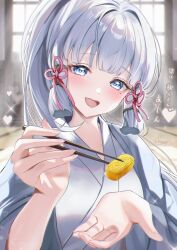 Rule 34 | 1girl, artist name, ayaka (genshin impact), blue eyes, blush, breasts, chopsticks, collarbone, commentary request, door, fingernails, floor, food, genshin impact, grey hair, grey shirt, hair ornament, hair tubes, hands up, highres, holding, holding chopsticks, indoors, kabu usagi, long fingernails, long hair, long sleeves, looking at viewer, medium breasts, mole, mole under eye, musical note, open mouth, ponytail, shirt, sky, smile, solo, sparkle, sunlight, teeth, tongue, translation request, wall, white sky, wide sleeves