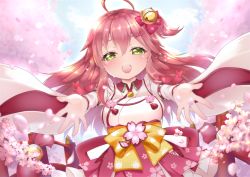 Rule 34 | 1girl, ahoge, bell, breasts, cherry blossom print, cherry blossoms, floral print, green eyes, hair bell, hair between eyes, hair ornament, hairclip, hololive, long hair, looking at viewer, one side up, open mouth, paw print, paw print pattern, pink hair, sakura miko, sakura miko (1st costume), solo, tears, virtual youtuber, x hair ornament, yuncha