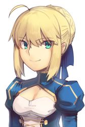 Rule 34 | 1girl, ahoge, artoria pendragon (all), artoria pendragon (fate), blonde hair, blue dress, boa (brianoa), braid, braided bun, breasts, cleavage cutout, closed mouth, clothing cutout, dress, fate/stay night, fate (series), green eyes, hair between eyes, hair bun, highres, juliet sleeves, long sleeves, looking at viewer, puffy sleeves, saber (fate), sidelocks, simple background, single hair bun, small breasts, smile, solo, upper body, white background
