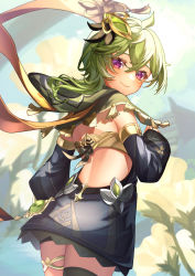Rule 34 | 1girl, backless dress, backless outfit, bare shoulders, black dress, bra, closed mouth, collei (genshin impact), dress, genshin impact, green hair, green robe, hair ornament, highres, long sleeves, looking at viewer, looking back, natsuki yoru, purple eyes, robe, smile, underwear