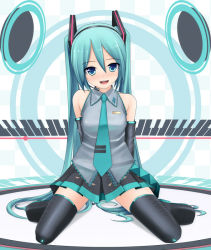 Rule 34 | 1girl, aqua eyes, aqua hair, arms behind back, bad id, bad pixiv id, colorized, detached sleeves, eto, full body, hatsune miku, headphones, headset, kneeling, long hair, looking at viewer, necktie, skirt, smile, solo, thighhighs, twintails, very long hair, vocaloid, zettai ryouiki