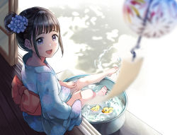 Rule 34 | 1girl, :d, back bow, barefoot, blue flower, blue kimono, blurry, blurry foreground, blush, bow, brown hair, commentary request, day, depth of field, fingernails, floral print, flower, hair bun, hair flower, hair ornament, highres, hydrangea, ice, ice cube, japanese clothes, kimono, matsuzaki miyuki, nape, obi, open mouth, original, outdoors, print kimono, purple eyes, red bow, rubber duck, sash, short sleeves, side bun, sidelocks, single hair bun, single side bun, sitting, smile, soaking feet, solo, teeth, upper teeth only, water, wide sleeves, wind chime, yukata