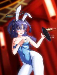 1girl animal_ears blue_archive blue_eyes breasts covered_navel fake_animal_ears halo highleg highleg_leotard highres kuro_emimi leotard long_hair mechanical_halo medium_breasts nipples one_breast_out pantyhose playboy_bunny purple_hair rabbit_ears rabbit_tail solo strapless strapless_leotard tail two_side_up wardrobe_malfunction white_pantyhose yuuka_(blue_archive)