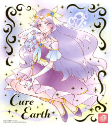 Rule 34 | 1girl, anklet, blue eyes, character name, circlet, closed mouth, collarbone, cure earth, dress, earrings, elbow gloves, full body, fuurin asumi, gloves, hair tubes, healin&#039; good precure, high heels, highres, jewelry, long dress, long hair, looking at viewer, official art, precure, pumps, purple dress, purple footwear, purple hair, short sleeves, smile, solo, very long hair, white gloves