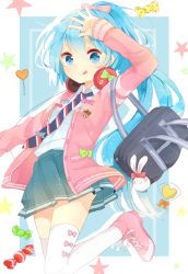 Rule 34 | 1girl, :q, arm up, bag, blue eyes, blue hair, candy, food, hatsune miku, headphones, headphones around neck, jimmy madomagi, long hair, matching hair/eyes, necktie, ponytail, project diva (series), project diva f, skirt, solo, star (symbol), thighhighs, tongue, tongue out, very long hair, vocaloid