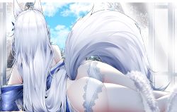 Rule 34 | 1girl, absurdres, animal ears, ass, azur lane, blue kimono, blue sky, cloud, fox ears, fox tail, from behind, fur trim, highres, indoors, japanese clothes, kimono, lace, lace panties, long hair, lying, off shoulder, on side, panties, samip, shinano (azur lane), sky, solo, tail, thighs, underwear, white hair, white panties, white tail, window