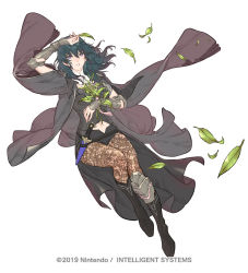 Rule 34 | 1girl, arm guards, arm up, armor, armored dress, black coat, black dress, black footwear, black shorts, blue eyes, blue hair, boots, breasts, brown pantyhose, byleth (female) (fire emblem), byleth (fire emblem), clothing cutout, coat, coat on shoulders, commentary, dagger, dress, fire emblem, fire emblem: three houses, full body, hair between eyes, holding, holding leaf, knee boots, knife, leaf, leg armor, pantyhose under shorts, light smile, looking at viewer, medium breasts, medium hair, micro shorts, midriff, navel, navel cutout, nintendo, official art, pantyhose, parted lips, scabbard, sheath, sheathed, short shorts, shorts, simple background, smile, solo, suzuki rika, watermark, weapon, white background, wind