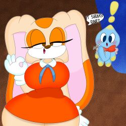 Rule 34 | 1boy, 1girl, 3barts, blue eyes, blue skin, blush, bouncing penis, bow, bowtie, breasts, brown eyes, chao (sonic), cheese (sonic), colored skin, cream the rabbit, curvy, dress, eyelashes, gloves, hand gesture, highres, large breasts, larger woman, looking at viewer, mobian (species), multicolored skin, ok sign, orange dress, rabbit ears, rabbit girl, seductive gaze, seductive smile, simple background, smile, sonic (series), standing, talking to another, talking to viewer, thick thighs, thighs, wings