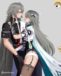 Rule 34 | 1boy, 1girl, absurdres, ahoge, black gloves, black sleeves, commentary, earrings, english commentary, gloves, hand on another&#039;s shoulder, height difference, hetero, highres, honkai (series), honkai impact 3rd, jewelry, kars karasu, lipstick, long hair, looking at another, makeup, red eyes, simple background, smile, spoilers, standing, su (honkai impact), thighhighs, thighs, twitter username, upper body, very long hair, vita (honkai impact)