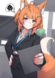 Rule 34 | 1girl, ahoge, animal ear fluff, animal ears, black jacket, black skirt, collarbone, collared shirt, commission, fox ears, fox girl, fox tail, hair ornament, hand on own hip, highres, holding, holding tablet pc, indie virtual youtuber, jacket, jewelry, medium hair, momiji saffron, necklace, office lady, orange hair, pencil skirt, pink eyes, pink nails, scribble, shirt, skirt, solo, tablet pc, tail, thought bubble, valefal coneri, vgen commission, virtual youtuber, white shirt
