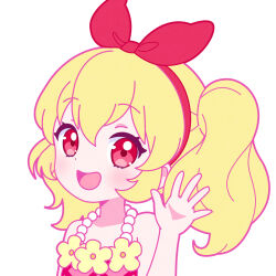 Rule 34 | 1girl, :d, aged down, aikatsu!, aikatsu! (series), bad id, bad twitter id, blonde hair, bow, commentary request, flower, hair bow, hairband, hand up, hoshimiya ichigo, jewelry, long hair, looking at viewer, necklace, open hand, open mouth, red eyes, red hairband, simple background, smile, solo, upper body, white background, yellow flower