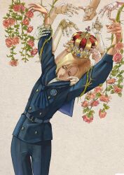 Rule 34 | 1boy, bishounen, blonde hair, bound, bound arms, character request, closed eyes, cowboy shot, crown, flower, highres, lies of p, male focus, mechanical arms, moonlitmelody, plant, rose, sailor collar, sailor shirt, shirt, short hair, simple background, solo, vines, white background