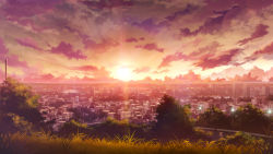 Rule 34 | city, cityscape, cloud, cloudy sky, commentary request, grass, hill, mikago kotaro, no humans, original, outdoors, scenery, sky, sunlight, sunset