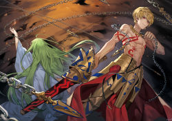 Rule 34 | 2boys, absurdres, arm up, armor, back-to-back, bad id, bad pixiv id, blonde hair, chain, chyoel, ea (fate/stay night), earrings, enkidu (fate), enkidu (weapon) (fate), fate (series), floating hair, gilgamesh (fate), green hair, highres, holding, holding sword, holding weapon, jewelry, long hair, male focus, multiple boys, necklace, parted lips, red eyes, sword, very long hair, weapon
