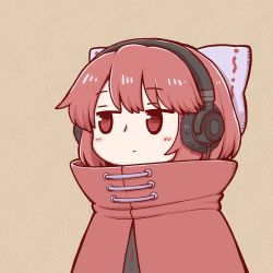 Rule 34 | 1girl, black shirt, blue bow, blush stickers, bob cut, bow, brown background, cape, chibi, commentary request, hair bow, headphones, high collar, jitome, poronegi, red cape, red eyes, red hair, sekibanki, shirt, short hair, simple background, solo, touhou, upper body