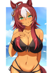 1girl ahoge alternate_costume animal_ears aqua_eyes arn7 bare_shoulders bikini blush border bracelet breasts cleavage commentary_request cowboy_shot dark-skinned_female dark_skin darley_arabian_(umamusume) ear_ornament front-tie_bikini_top front-tie_top hair_between_eyes highres horse_ears horse_girl horse_tail jewelry large_breasts long_hair looking_at_viewer multicolored_hair navel necklace outside_border red_hair side-tie_bikini_bottom sidelocks smile stomach streaked_hair swimsuit tail umamusume white_border white_hair