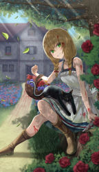Rule 34 | 1girl, absurdres, animal, animal on lap, basket, black cat, blonde hair, blood, blood on arm, blood on clothes, blood on leg, blood trail, boots, braid, brown hair, cat, commentary, day, dress, falling leaves, flower, flower basket, full body, garden, green eyes, grin, highres, holding, holding basket, holding knife, house, knife, leaf, long hair, looking at viewer, majo no ie, on lap, outdoors, red flower, red rose, rose, rose bush, shade, short dress, silvertsuki, sitting, sleeveless, sleeveless dress, smile, sunlight, tree, twin braids, viola (majo no ie)