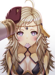 Rule 34 | 1girl, absurdres, ahoge, blonde hair, breasts, circlet, closed mouth, commission, commissioner upload, condom, condom in mouth, condom wrapper, disembodied hand, fire emblem, fire emblem fates, fire emblem heroes, gloves, grey eyes, headpat, heart, heart-shaped pupils, hetero, highres, implied fellatio, kiran (fire emblem), kiran (male) (fire emblem), long hair, looking at viewer, male hand, medium breasts, mouth hold, nintendo, ophelia (fire emblem), saikunartworks, sexually suggestive, solo focus, symbol-shaped pupils