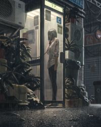 Rule 34 | 1girl, absurdres, air conditioner, black hair, black pants, blood, blood on clothes, commentary, english commentary, flower pot, guweiz, hand up, highres, holding, holding phone, long sleeves, original, outdoors, pants, phone, phone booth, plant, potted plant, rain, shirt, short hair, solo, talking on phone, trash can, white shirt