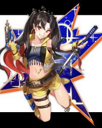 Rule 34 | 1girl, akamiso (k074510), bandaid, belt, black hair, boots, breasts, crown, fate/grand order, fate (series), fingerless gloves, gloves, grin, gun, holding, holding gun, holding sword, holding weapon, holster, ishtar (fate), katana, long hair, looking at viewer, midriff, navel, red eyes, red hair, sheath, shorts, sleeveless, smile, solo, space ishtar (fate), space ishtar (second ascension) (fate), sword, thigh strap, unsheathing, very long hair, weapon, yellow gloves