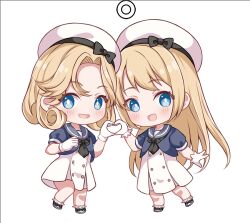 Rule 34 | 2girls, black jacket, black neckerchief, blonde hair, blue eyes, chibi, commentary request, dress, gloves, grey sailor collar, hat, holding hands, jacket, janus (kancolle), jervis (kancolle), kantai collection, mary janes, mashiro aa, multiple girls, neckerchief, parted bangs, sailor collar, sailor dress, sailor hat, second-party source, shoes, short hair, white dress, white gloves, white headwear