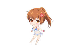 Rule 34 | 1girl, absurdres, artist request, bare shoulders, barefoot, bikini, blush, breasts, brown eyes, brown hair, chibi, cleavage, dead or alive, dead or alive xtreme, floral print, flower, full body, hair flower, hair ornament, highres, kasumi (doa), long hair, looking at viewer, navel, official art, open mouth, ponytail, side-tie bikini bottom, simple background, solo, swimsuit