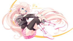 Rule 34 | 1girl, ahoge, asymmetrical legwear, bare shoulders, blue eyes, boots, braid, character name, ia (vocaloid), jewelry, long hair, looking at viewer, matsurika, mismatched legwear, pink hair, ring, single thighhigh, skirt, smile, solo, thighhighs, twin braids, uneven legwear, very long hair, vocaloid