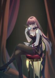 Rule 34 | 1girl, absurdres, black choker, black dress, black footwear, black pantyhose, blush, breasts, choker, cleavage, closed eyes, commentary, cup, dress, earrings, english commentary, full body, girls&#039; frontline, girls&#039; frontline 2: exilium, high heels, highres, holding, holding cup, holding saucer, jewelry, long hair, medium breasts, official alternate costume, open mouth, pantyhose, purple hair, saucer, shidoni, shoes, sitting, solo, stool, teacup, wa2000 (ballroom interlude) (girls&#039; frontline), wa2000 (girls&#039; frontline)
