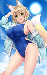 Rule 34 | 1girl, :d, animal ears, blonde hair, blue one-piece swimsuit, blush, breasts, competition swimsuit, covered navel, cowboy shot, day, fang, fox ears, fox girl, fox tail, green eyes, highres, jacket, large breasts, one-piece swimsuit, open clothes, open jacket, open mouth, original, outdoors, shading eyes, sideboob, skin fang, smile, sogaya, solo, sun, swimsuit, tail
