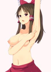 Rule 34 | 1girl, arm up, armpits, bad id, bad pixiv id, blush, bow, breasts, brown eyes, brown hair, hair bow, hair tubes, hakurei reimu, highres, large breasts, long hair, navel, nipples, ocha (ochappie), open mouth, simple background, skirt, solo, topless, touhou