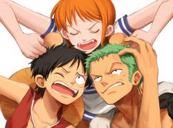Rule 34 | 1girl, 2boys, arm up, black hair, brown hair, clenched teeth, closed eyes, fangs, green hair, hat, hat on back, highres, monkey d. luffy, multiple boys, nami (one piece), oekakiboya, one eye closed, one piece, open mouth, roronoa zoro, shirt, short hair, short sleeves, simple background, straw hat, sun hat, teeth, white background, white shirt