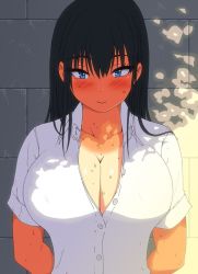 Rule 34 | 1girl, against wall, arms behind back, black hair, blue eyes, blush, breasts, cleavage, closed mouth, collarbone, collared shirt, hair between eyes, large breasts, light smile, long hair, looking at viewer, no bra, open clothes, open shirt, original, shade, shirt, short sleeves, smile, solo, sunlight, sweat, swimsuit, tan, tanline, unbuttoned, unbuttoned shirt, wall, water, water drop, wet, wet clothes, wet hair, wet shirt, white shirt, youshu ohepe