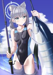 Rule 34 | 1girl, absurdres, animal ear fluff, animal ears, black one-piece swimsuit, blue archive, blue eyes, blue sky, breasts, cloud, competition swimsuit, covered navel, cross hair ornament, daiz1213, day, extra ears, fish, fishing rod, grey hair, hair ornament, halo, highres, looking at viewer, low ponytail, marlin (fish), medium hair, mismatched pupils, multicolored clothes, multicolored swimsuit, official alternate costume, one-piece swimsuit, outdoors, shiroko (blue archive), shiroko (swimsuit) (blue archive), sky, small breasts, swimsuit, swordfish, wading, water, wolf ears