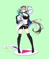 Rule 34 | 1girl, absurdres, adjusting eyewear, arm up, belt, black choker, black footwear, black hair, black shorts, black sports bra, black thighhighs, blonde hair, blue bow, blue coat, blue eyes, boots, bow, breasts, choker, closers, coat, full body, gloves, goggles, goggles on head, gradient hair, green background, grin, hair bow, hand on own hip, hand up, harpy (closers), highres, large breasts, legs apart, long hair, long sleeves, looking at viewer, midriff, multicolored coat, multicolored hair, navel, official art, partially fingerless gloves, play button, ponytail, short shorts, shorts, smile, solo, sports bra, standing, tachi-e, thigh boots, thighhighs, two-tone coat, very long hair, white belt, white coat, white gloves, wide sleeves, zipper, zipper pull tab
