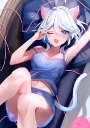 Rule 34 | 1girl, ;d, animal ears, arm up, armpits, bare arms, bare shoulders, blue eyes, blue hair, blue shorts, camisole, cat ears, cat tail, commentary request, fang, feet out of frame, furina (genshin impact), genshin impact, hand up, highres, kemonomimi mode, kmes niku, looking at viewer, lying, midriff, navel, on back, one eye closed, open mouth, short hair, shorts, skin fang, smile, solo, spaghetti strap, strap slip, tail, thighs