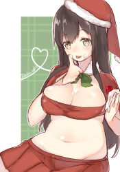 Rule 34 | 10s, 1girl, :p, akagi (kancolle), belly, blush, bow, bowtie, breasts, brown eyes, brown hair, cake, cleavage, detached collar, female focus, food, food on face, hat, heart, holding, in the face, kantai collection, large breasts, long hair, looking at viewer, midriff, navel, outside border, pie in face, plump, red skirt, sakofu, santa costume, santa hat, skirt, smile, solo, standing, stomach, strapless, strawberry shortcake, tongue, tongue out, tube top, upper body, wide hips