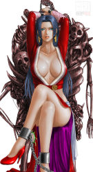 Rule 34 | 1girl, aqua eyes, areola slip, arms up, blue hair, boa hancock, breasts, chain, cleavage, crossed legs, cuffs, earrings, handcuffs, high heels, highres, hime cut, horns, jewelry, large breasts, long hair, one piece, restrained, shoes, simple background, sitting, skull, snake earrings, solo, toten (der fuhrer), watermark